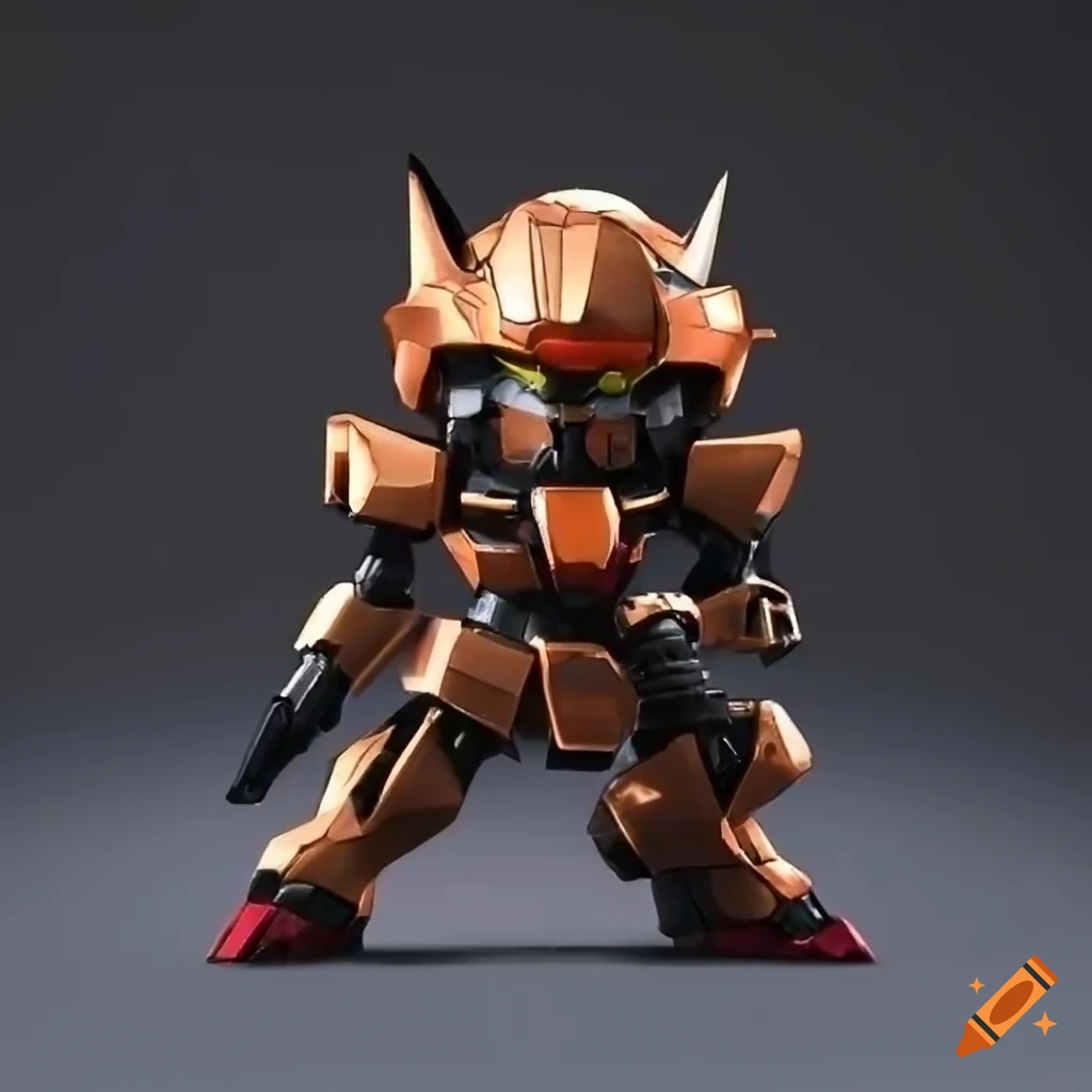 chibi gundam robot in black and orange armor