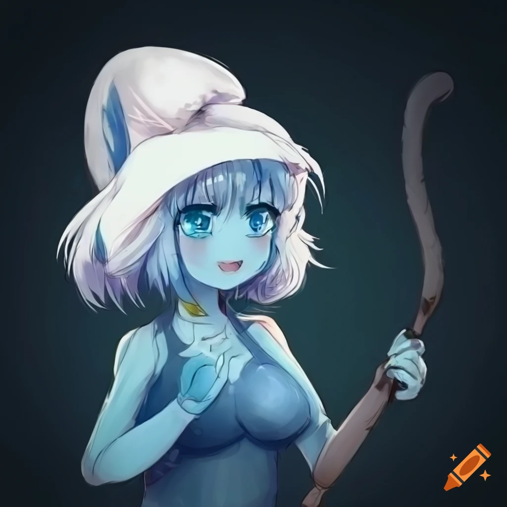 anime catgirl with blue skin and white hair in the woods
