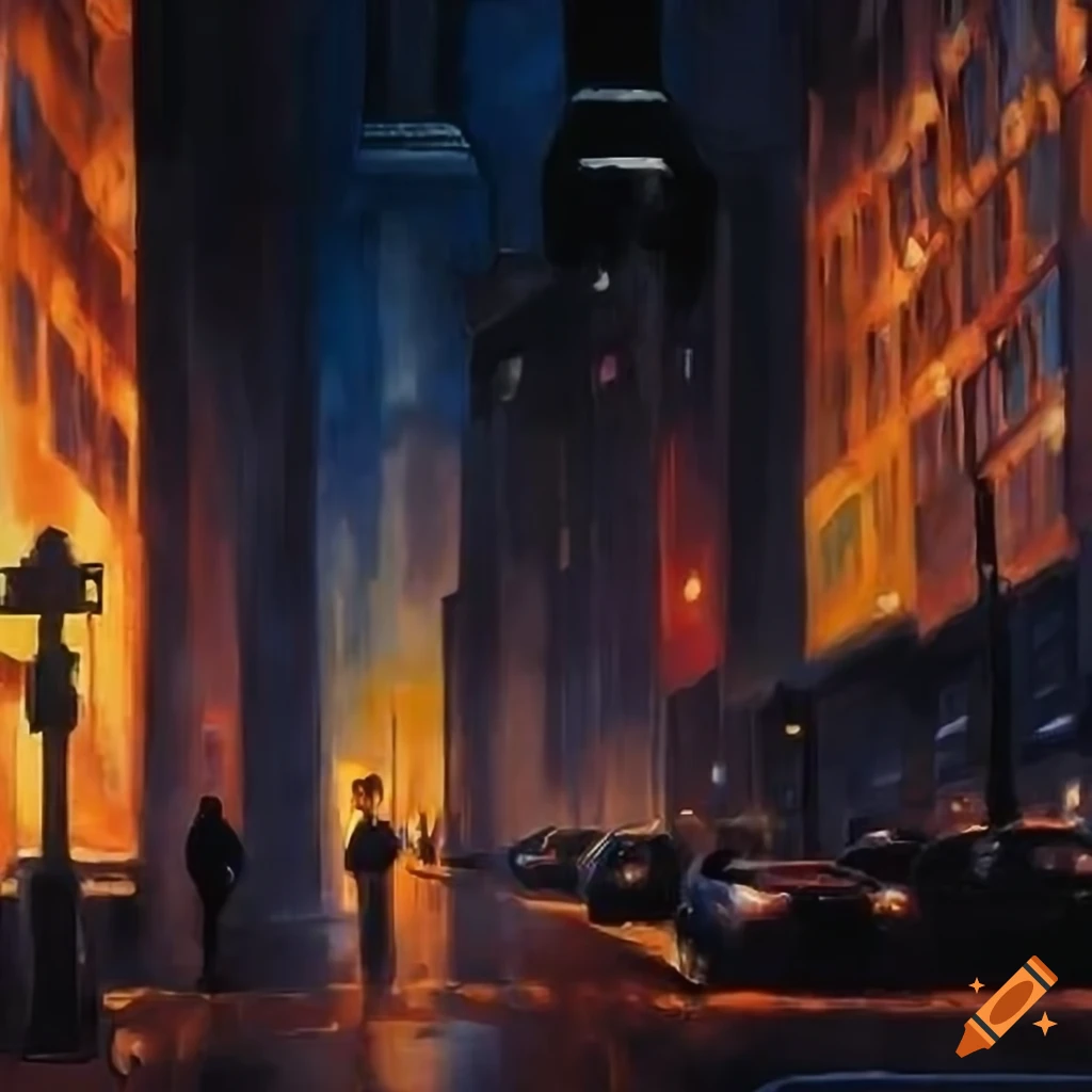 Masterpiece painting of a lone person walking in the city streets at