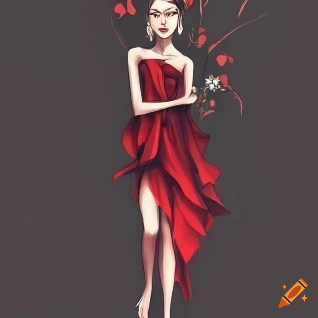 Fashion design sketch: a red rose petal-inspired dress on Craiyon