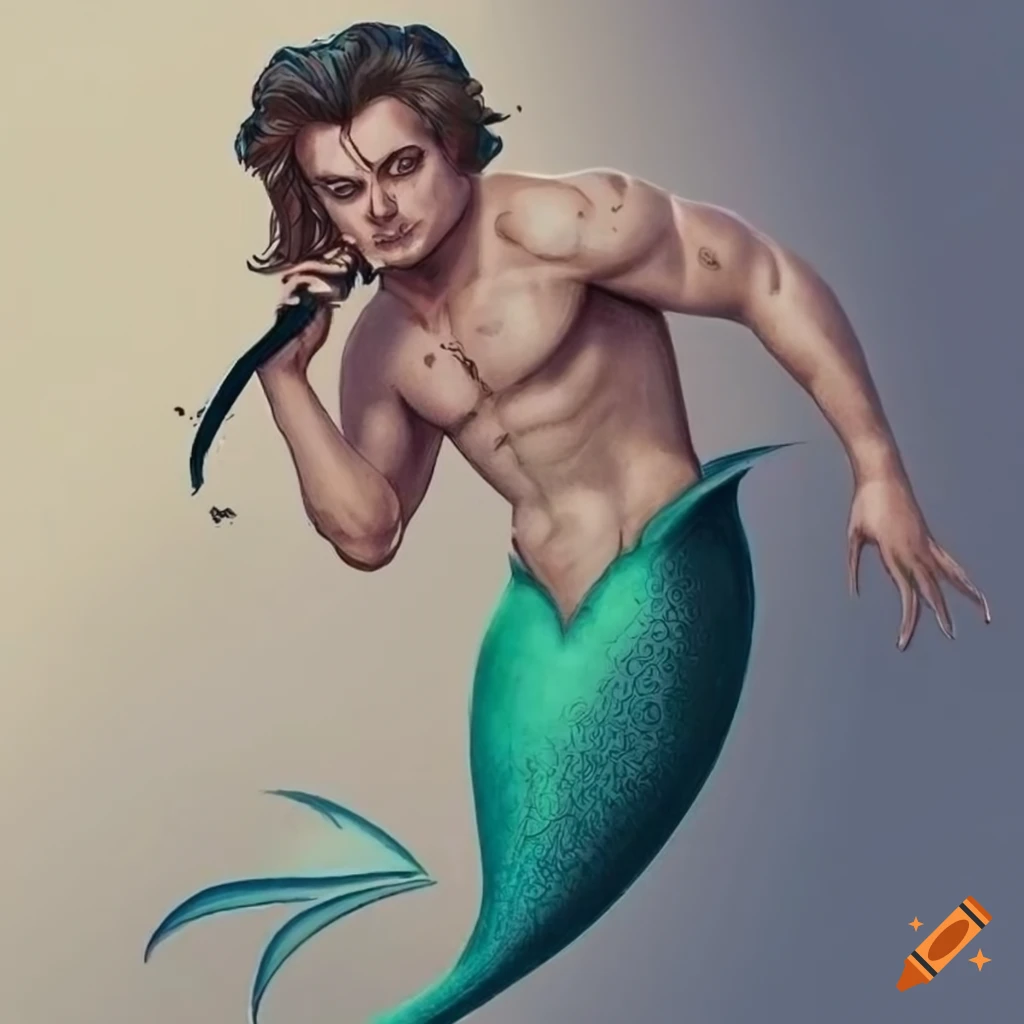 highly detailed etching of a merman monster