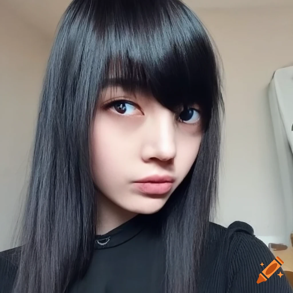 Selfie of a stylish girl with black hair and bangs on Craiyon