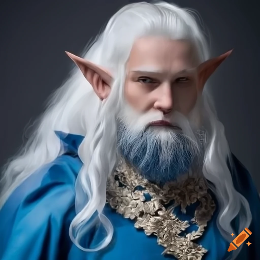 photo of an ancient elf with white hair and blue robe