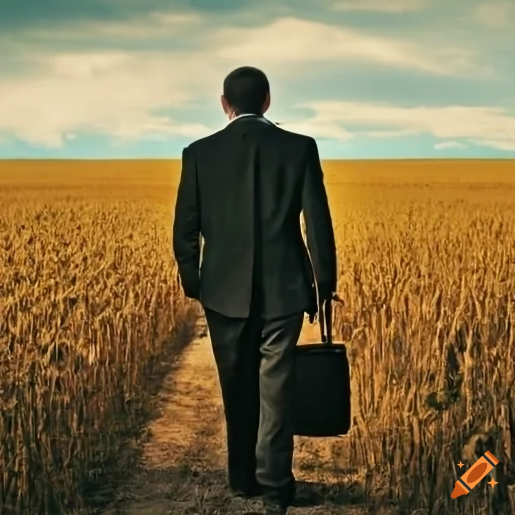 a man walking through a cornfield path