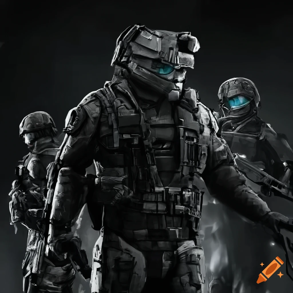 Black and white ultra-realistic depiction of futuristic soldiers in