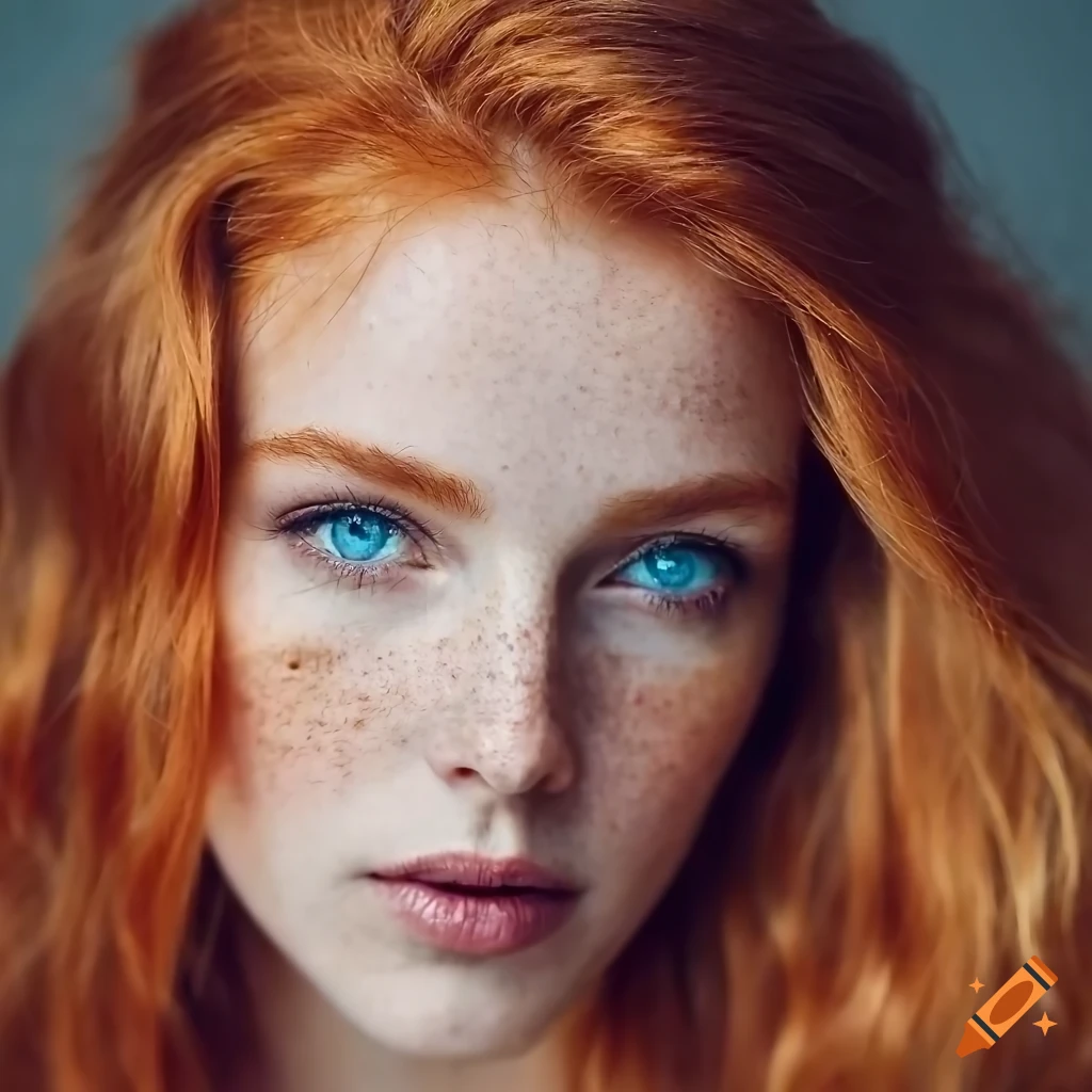 Close-up portrait of a beautiful hobbit with red hair and freckles on ...