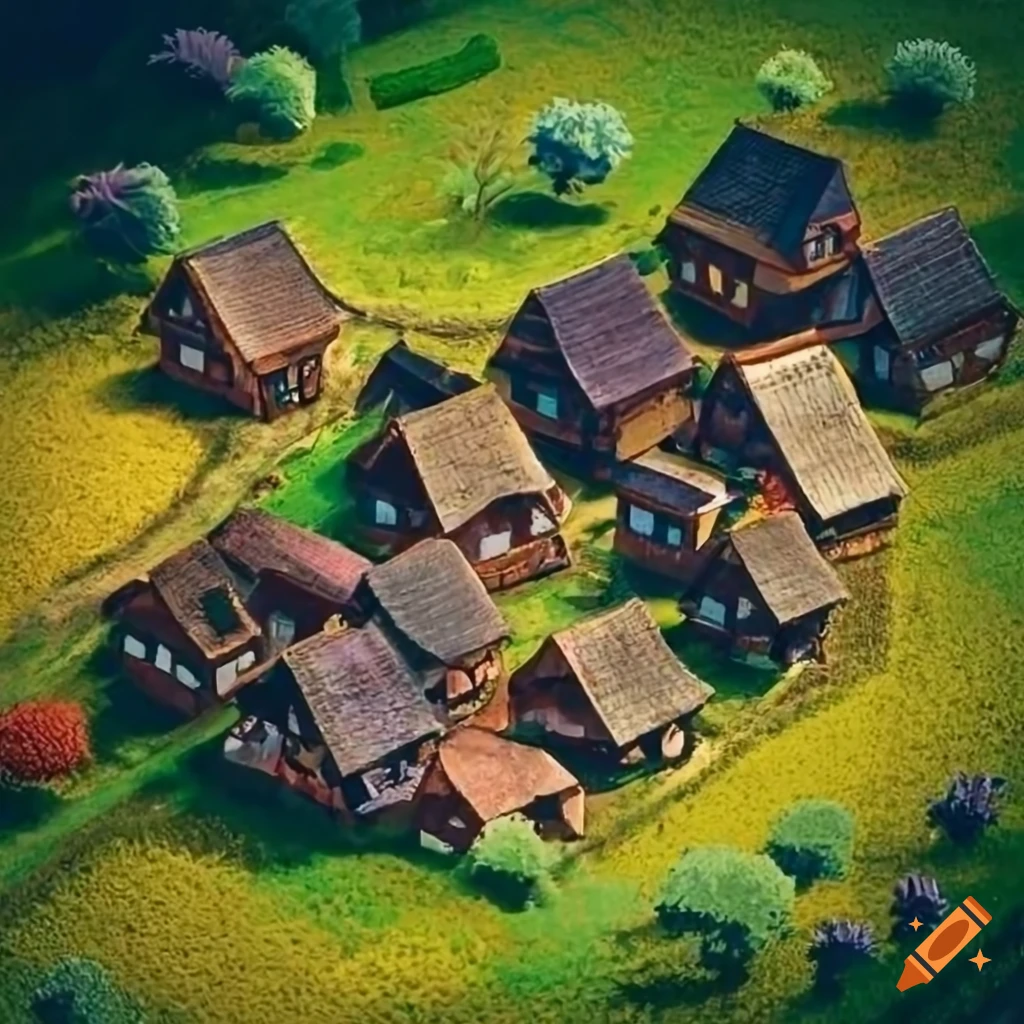 aerial view of a medieval village with farm kittens