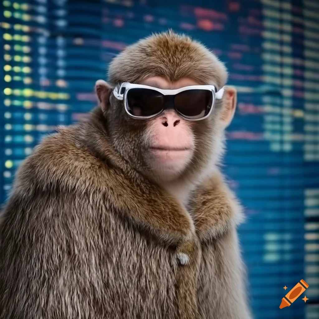 Monkey wearing a fur coat and sunglasses with a stock market graph ...