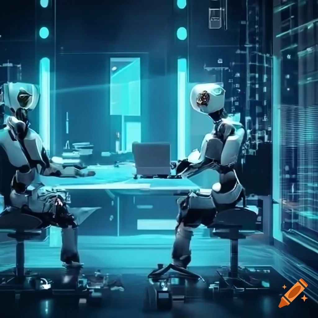 futuristic workplace with AI and automation