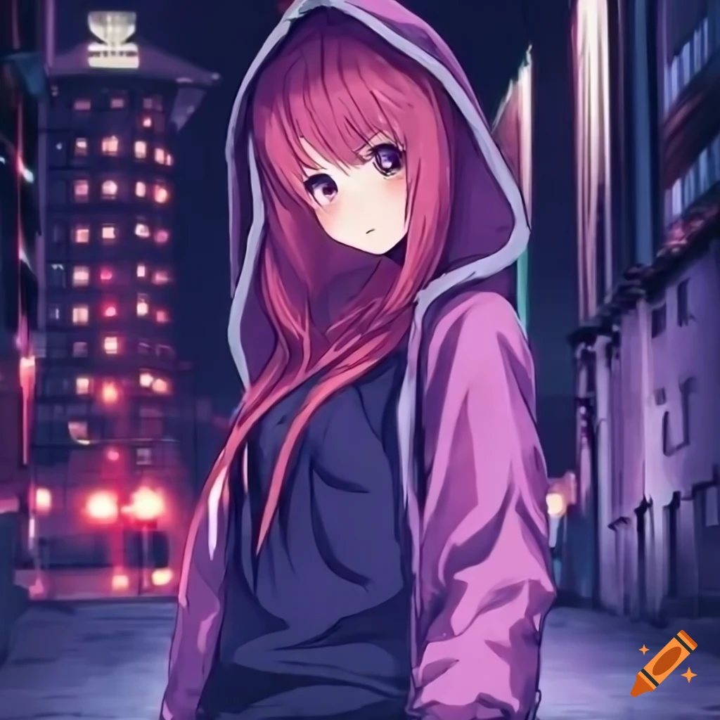 Anime girl wearing a hoodie walking in the night city