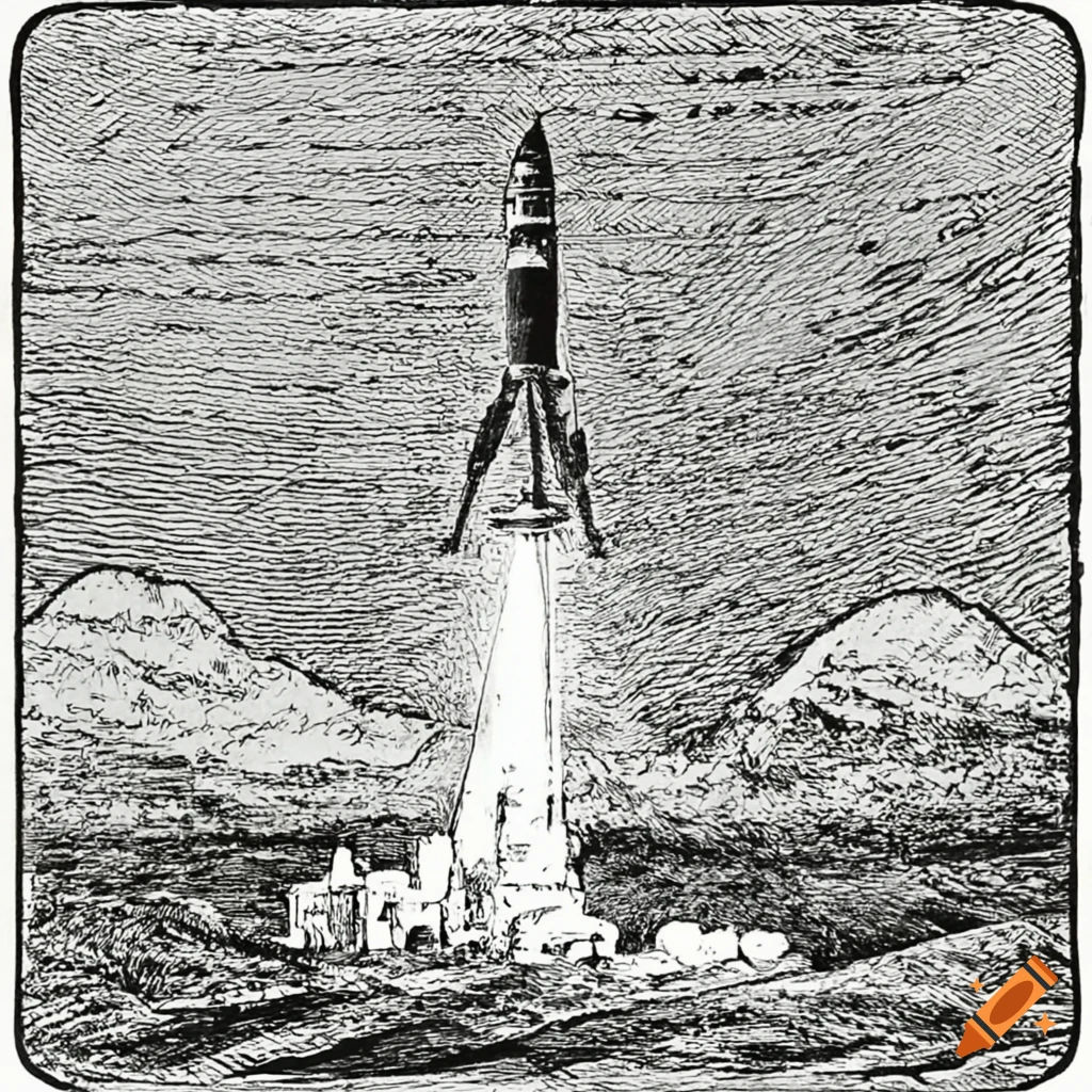 vintage black and white illustration of a desert rocket launch