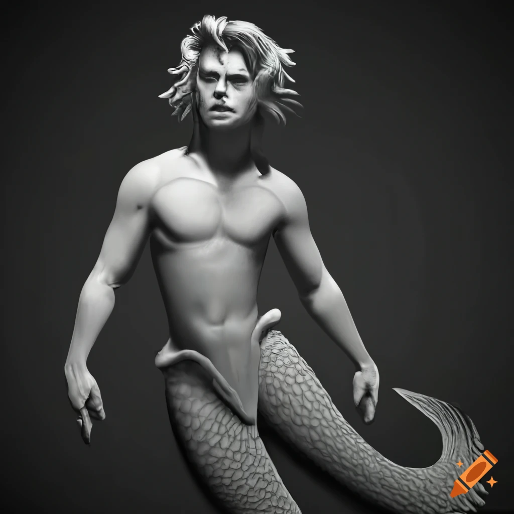black and white etching of Steve Harrington as a merman monster