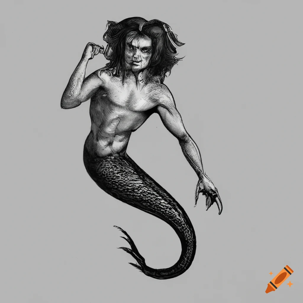 detailed etching of a dangerous merman