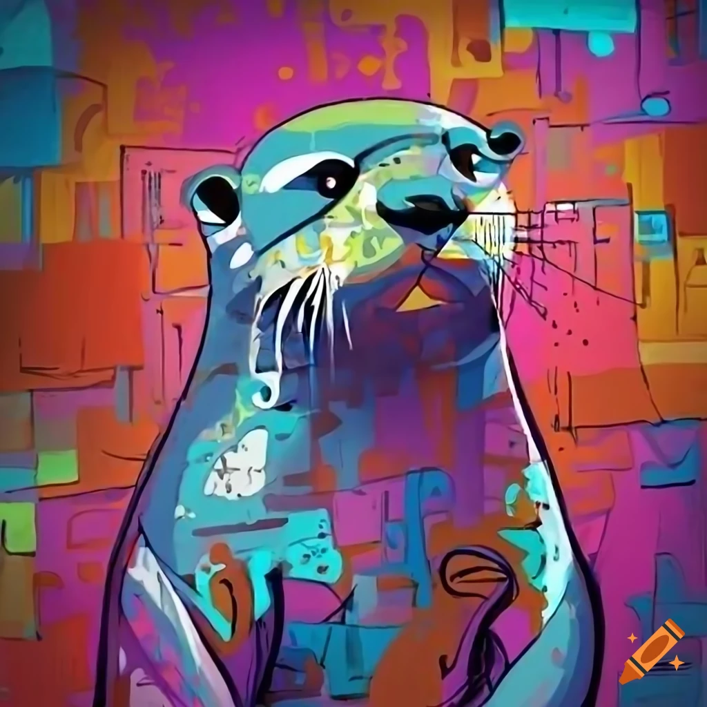 abstract graffiti artwork of otters in Picasso style
