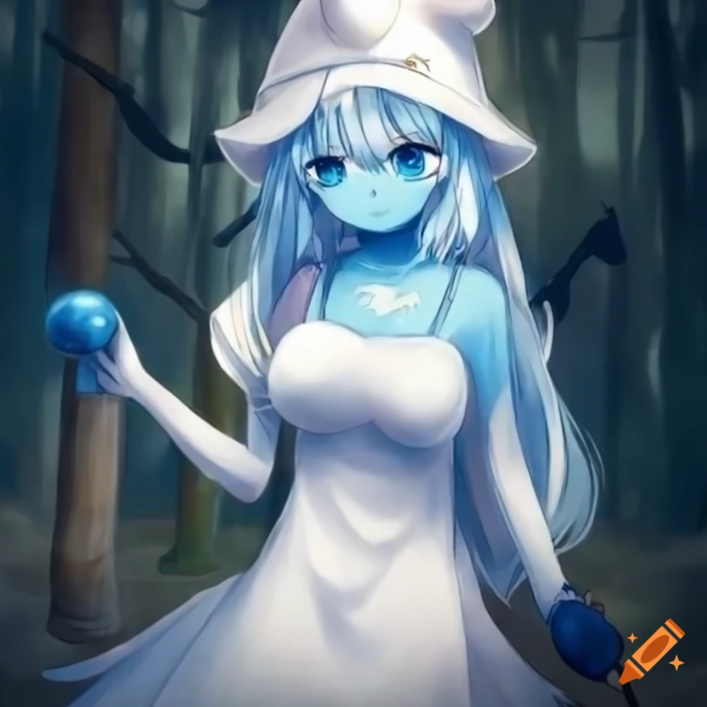 anime catgirl with blue skin and snail on shoulder