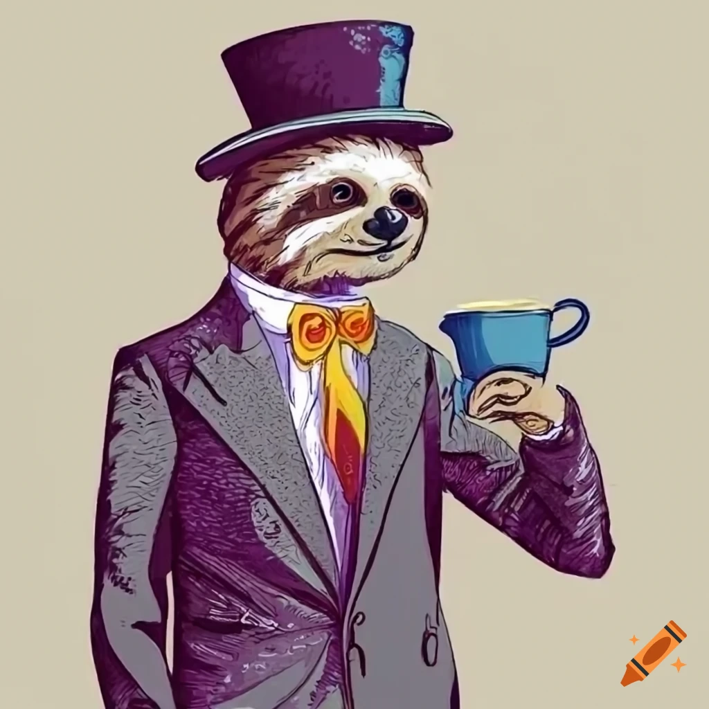 humorous image of a sloth in a business suit drinking tea