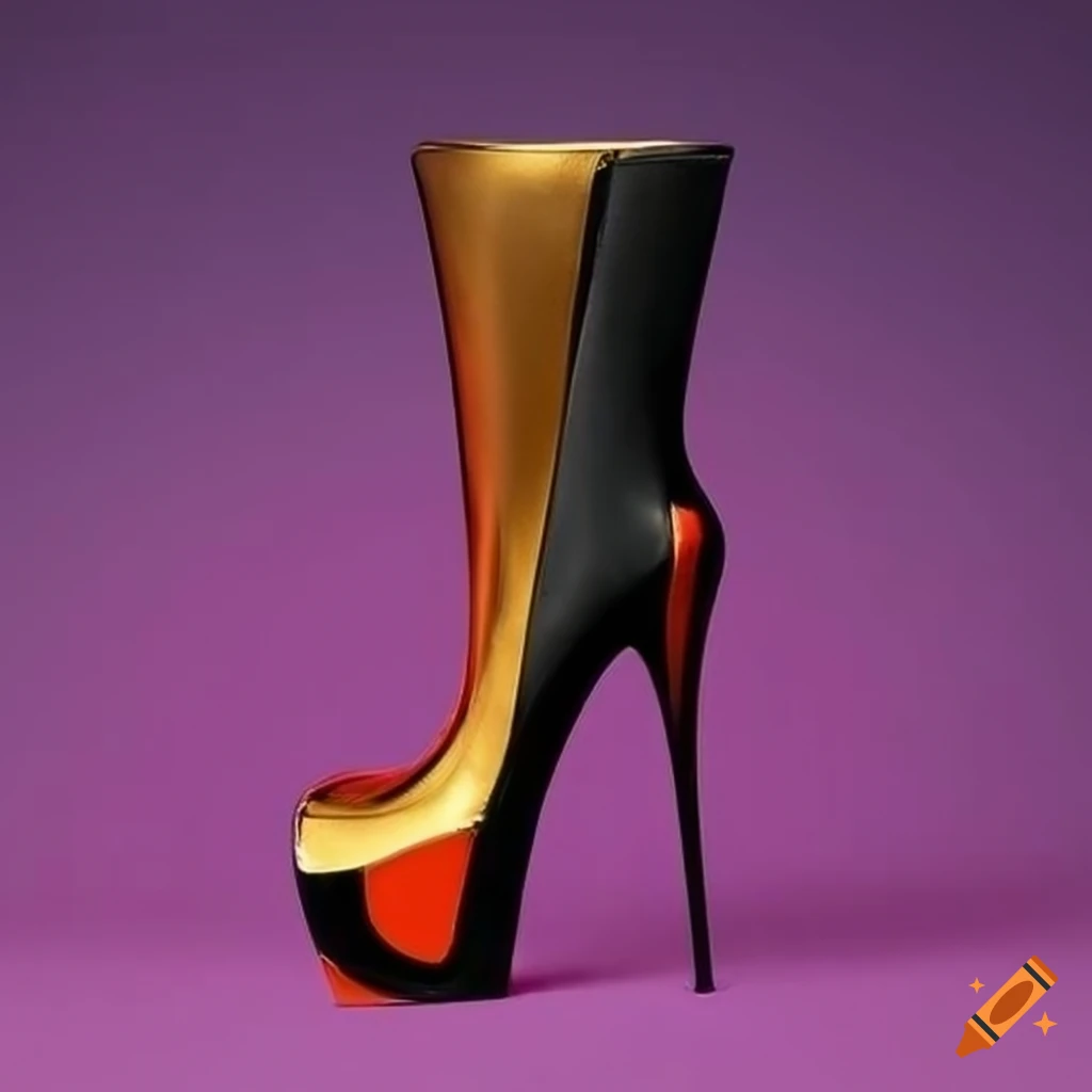Surreal ladies high heel boots in gold, black, and orange on Craiyon