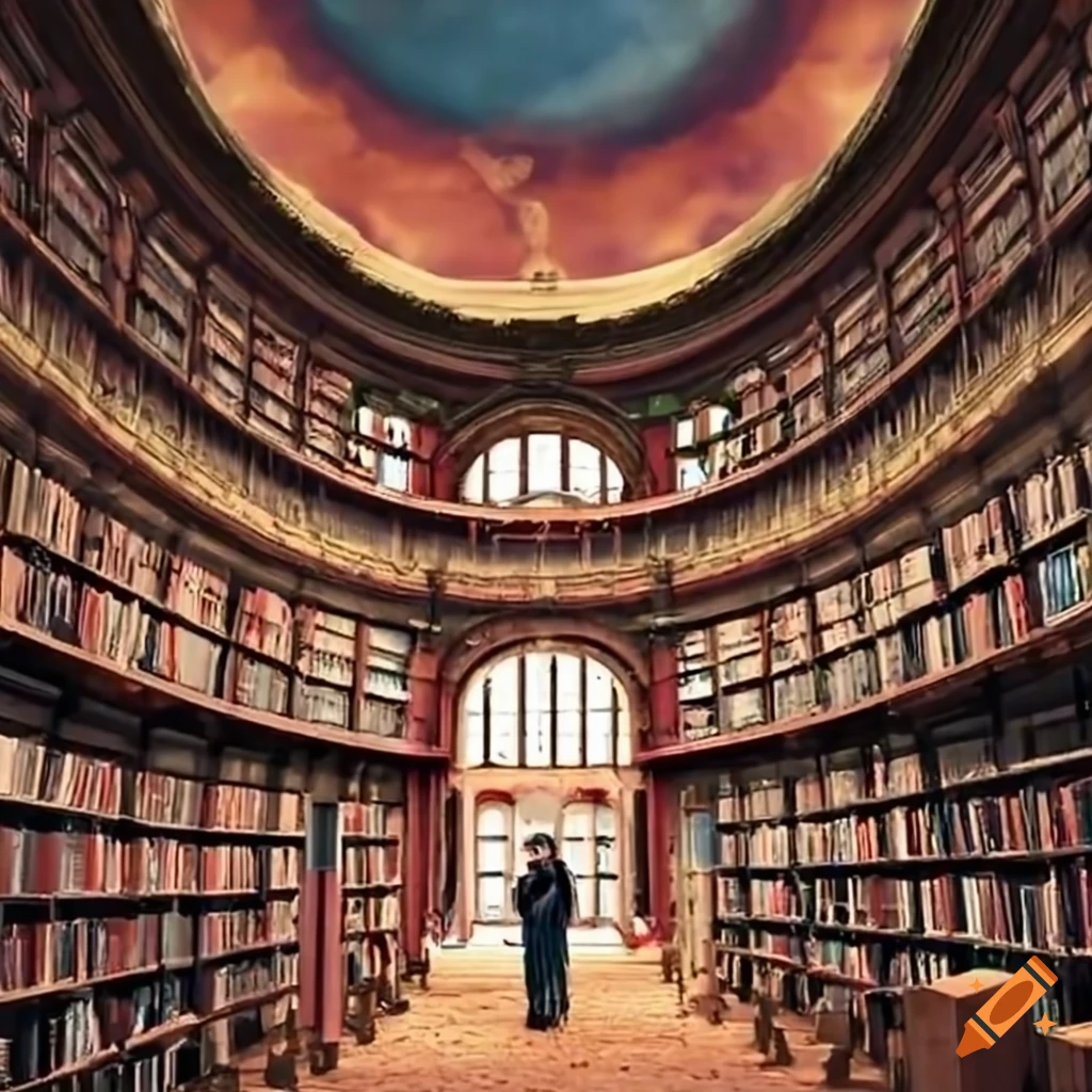View of a grand library with a person standing on Craiyon