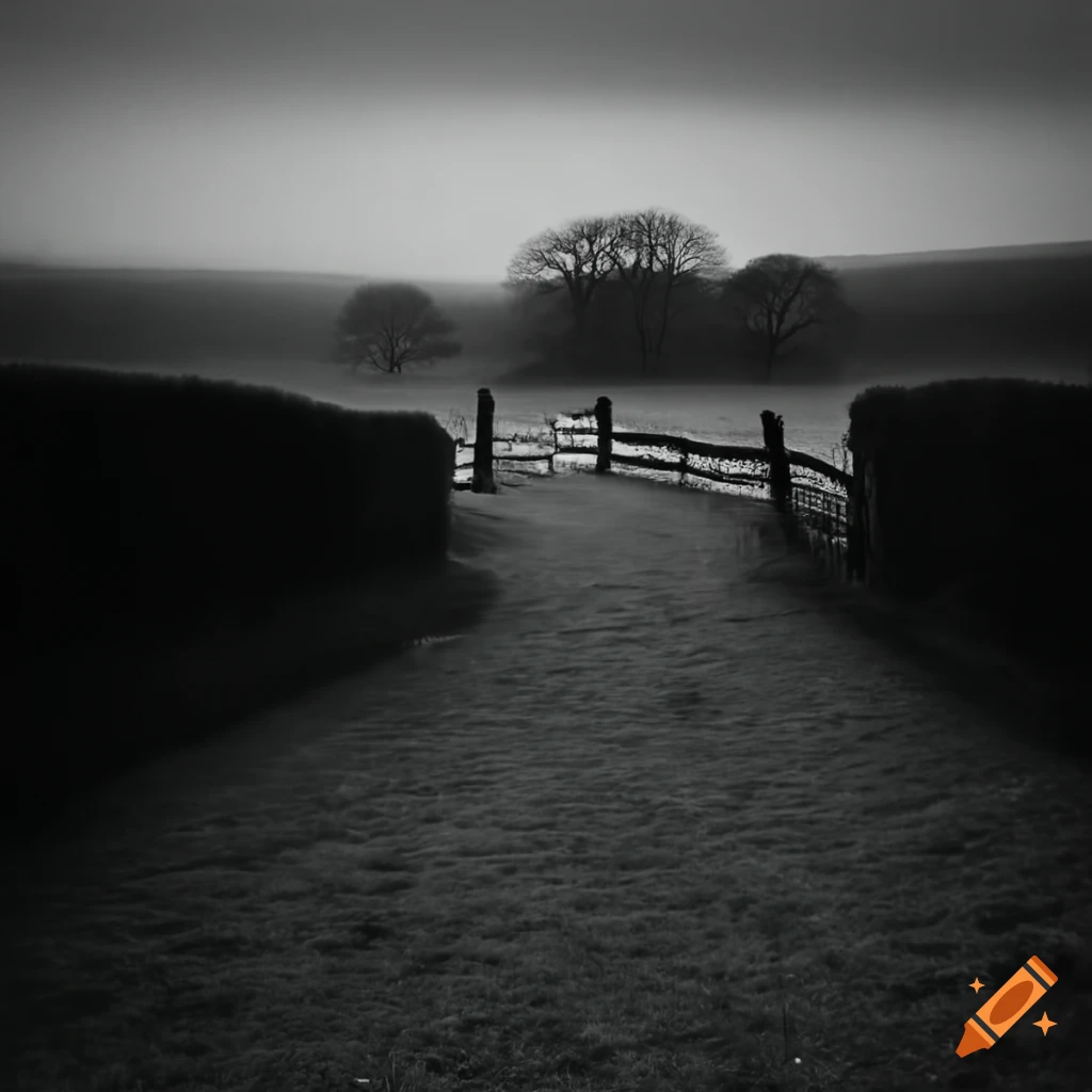 Sinister black and white english countryside on Craiyon