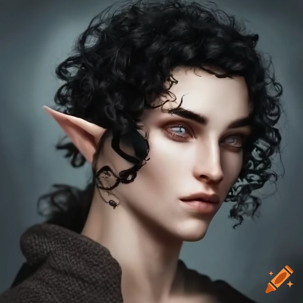 portrait of a beautiful male elf with black curly hair