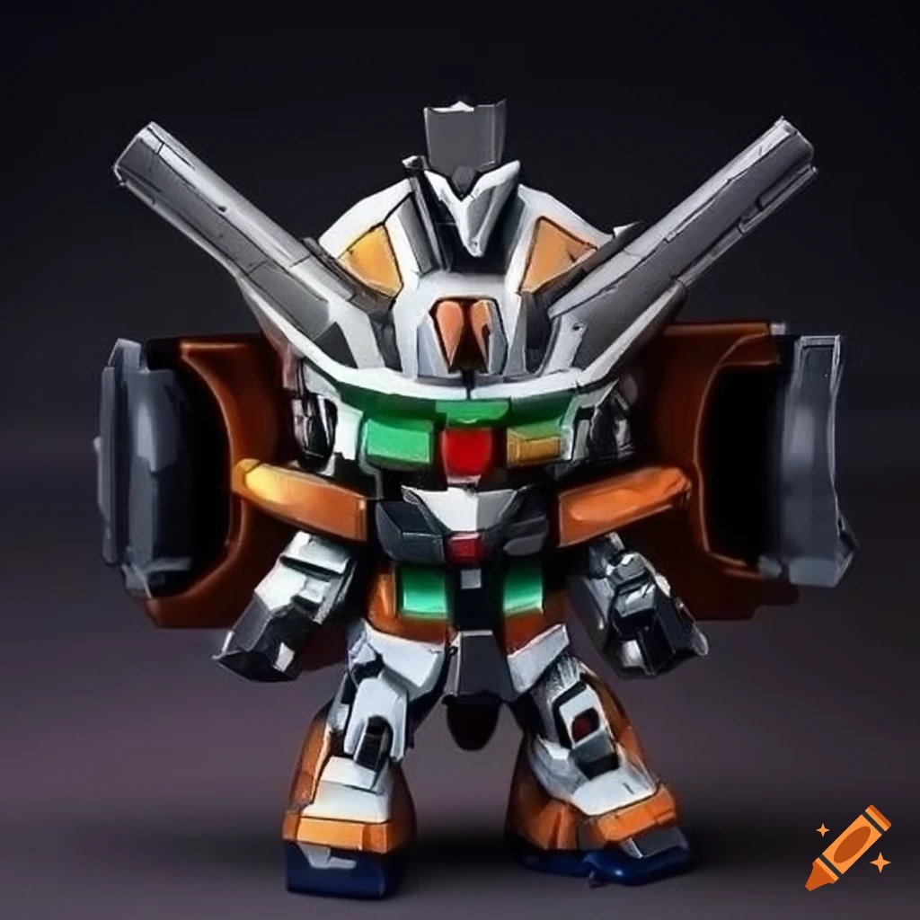 chibi-style black and orange Gundam robot with ninja armor