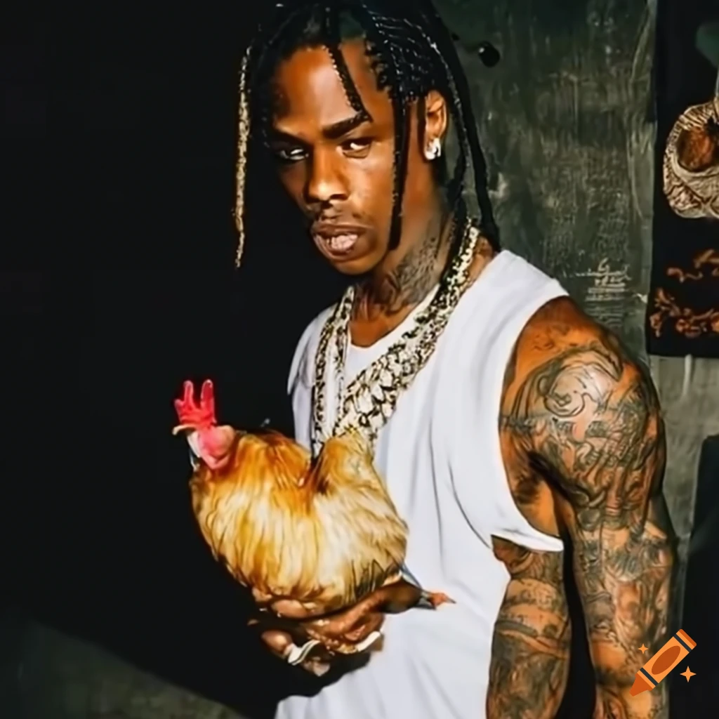 Travis scott with a chicken in the street on Craiyon