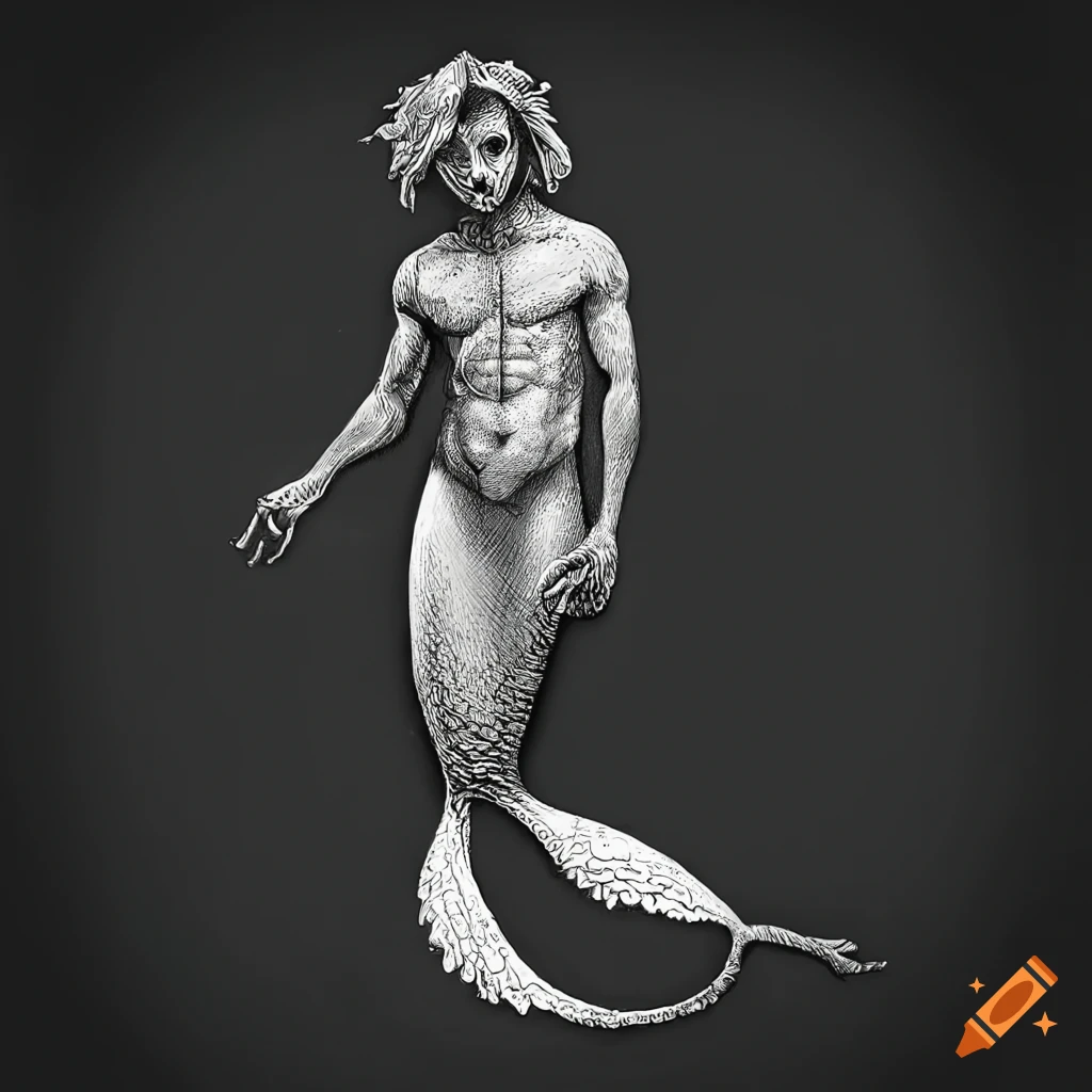 detailed etching of a Lovecraftian merman