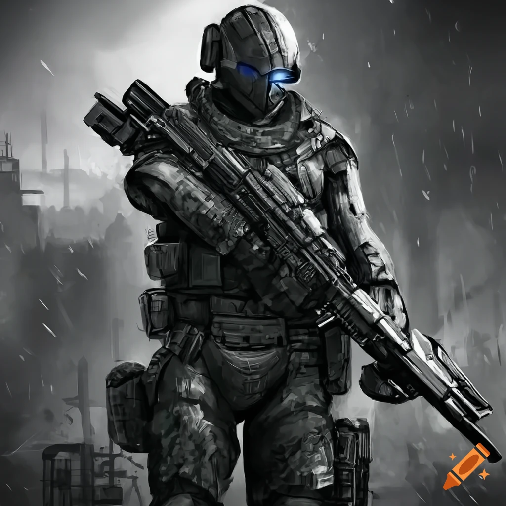 black and white ultra-realistic depiction of futuristic soldiers in rain