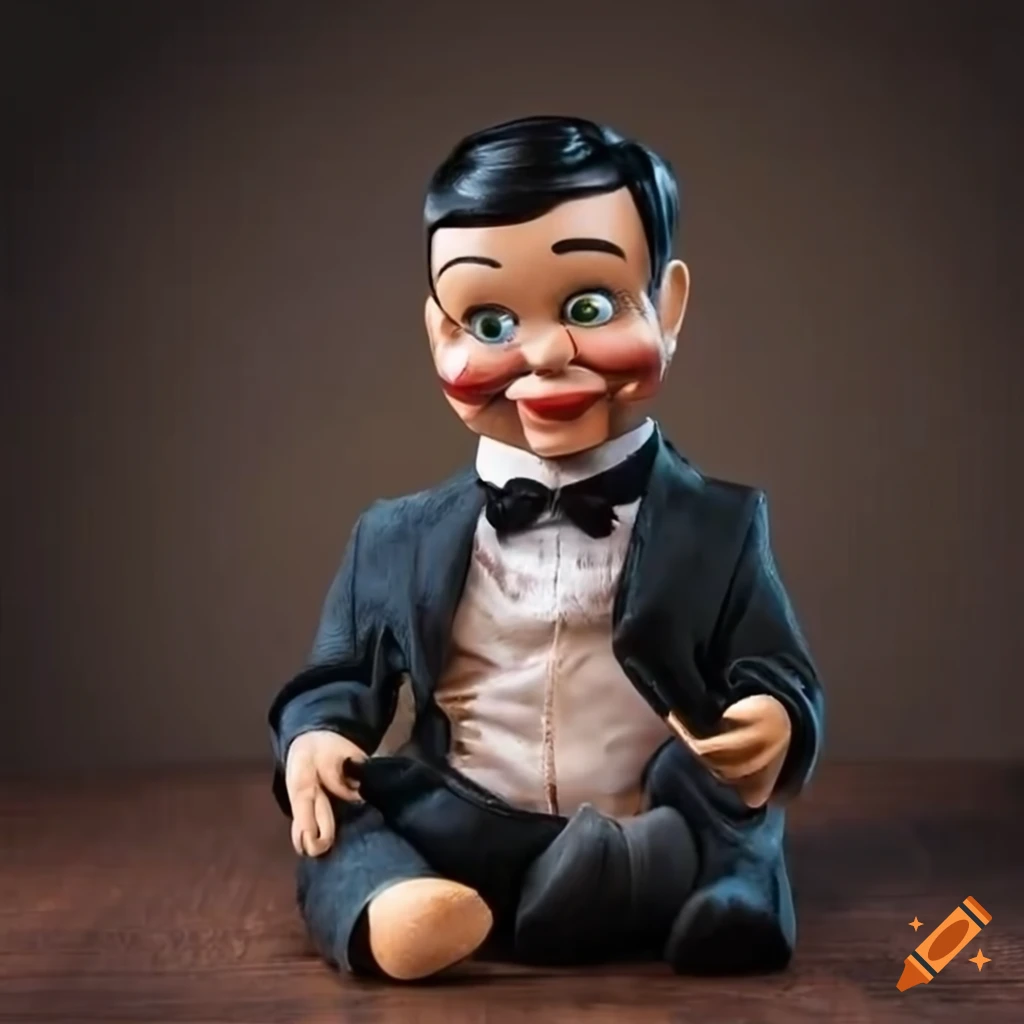 Intricately detailed, worn ventriloquist dummy of rishi sunak on a