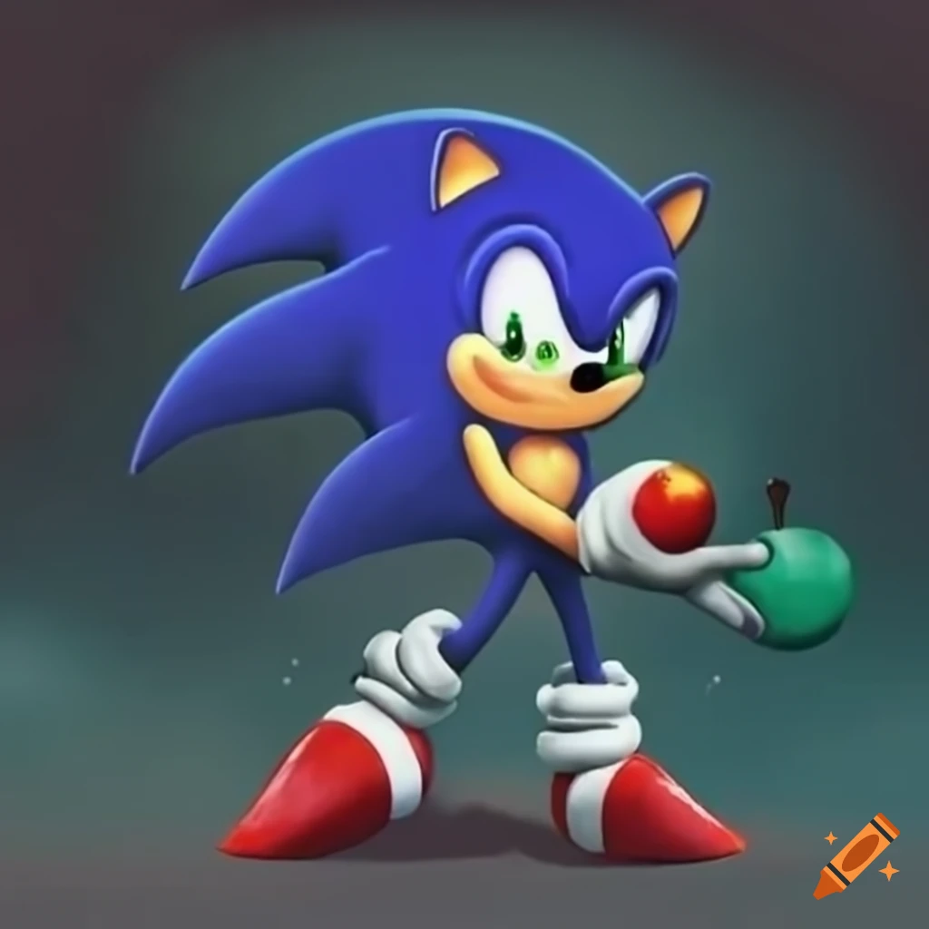 Dark sonic. hedgehog, black fur, no pupils, pointed eyes. red sneakers,  white gloves. dark blue aura around the body*