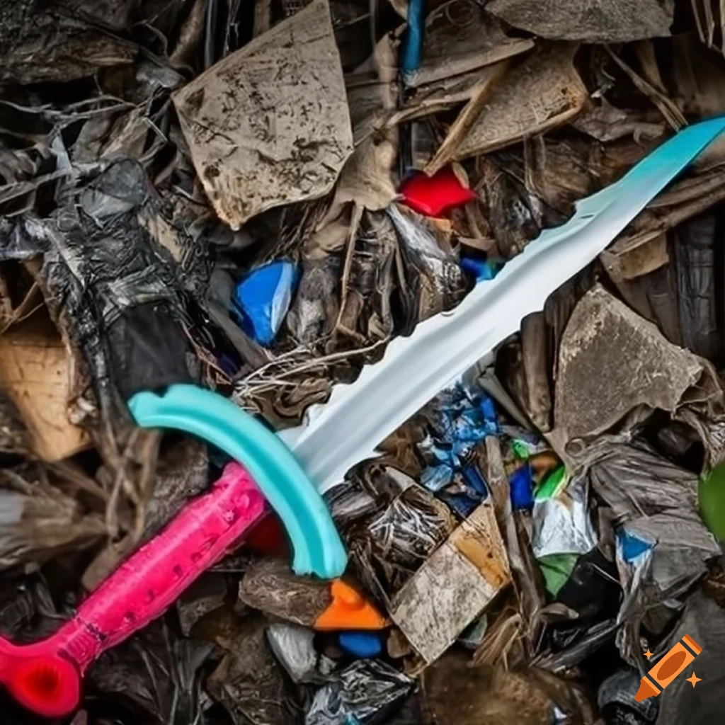 Plastic sword in a pile of garbage on Craiyon