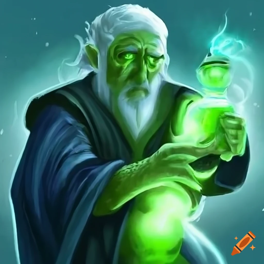 image of a wizard with a snake tail drinking a green potion