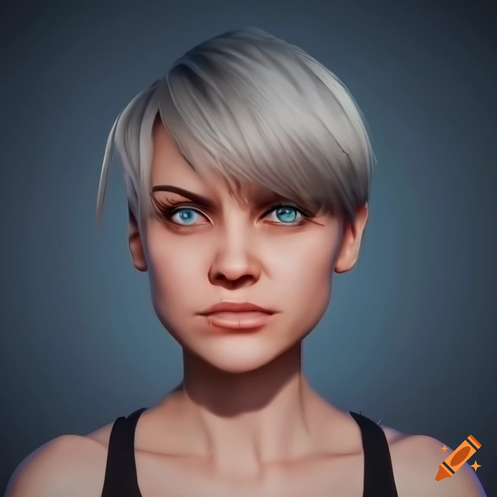 portrait of a young woman with short brown hair and turquoise eyes