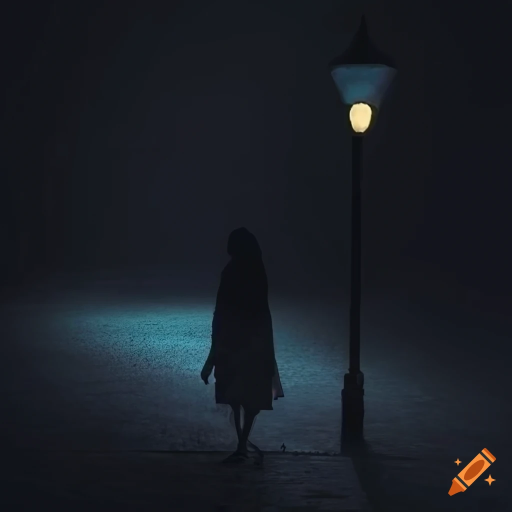 artistic depiction of a spectral hitchhiker under a streetlamp