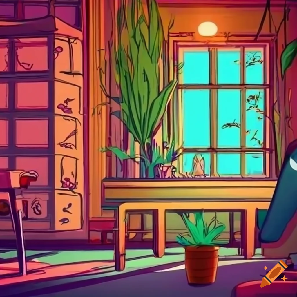closeup illustration of a plant-filled room in lofi style