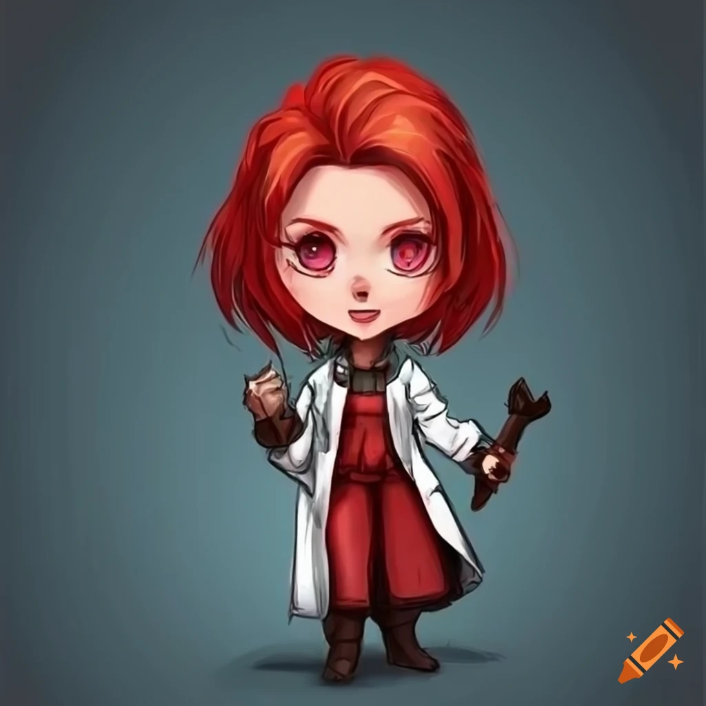 Cosplay Of A Red headed Rpg Hero In A Lab Coat On Craiyon