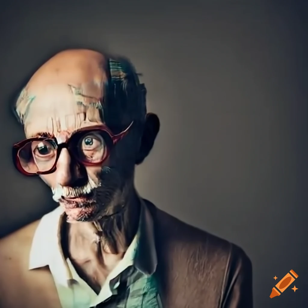 Digital art of a glitched nerdy old man
