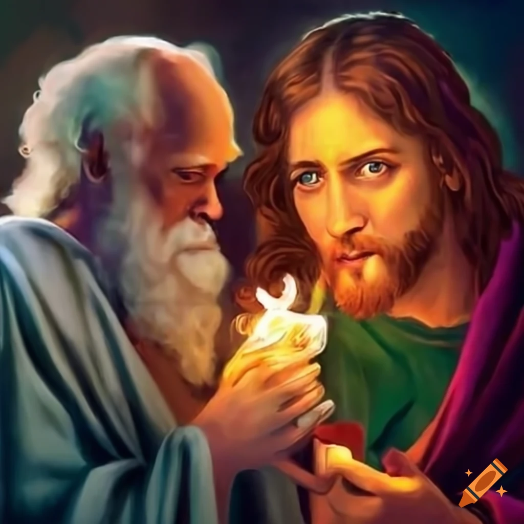 Humorous image of jesus and charles darwin smoking weed together on Craiyon