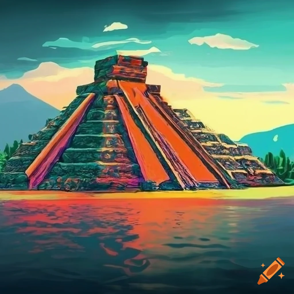 5d trippy aztec temple landscape