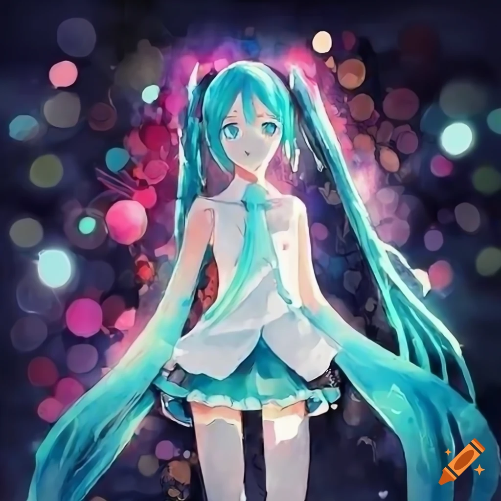 vibrant watercolor illustration of Hatsune Miku