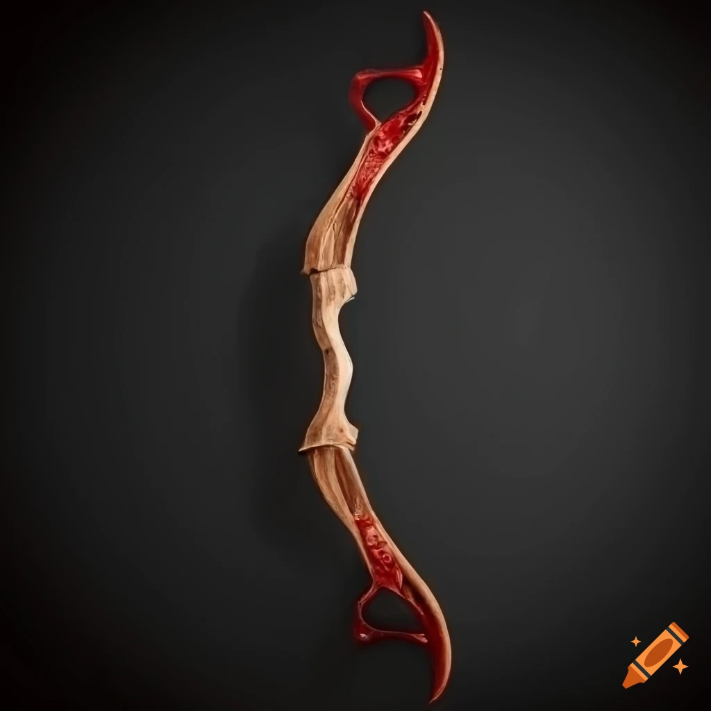 Dark wood medieval long bow with red accents on Craiyon