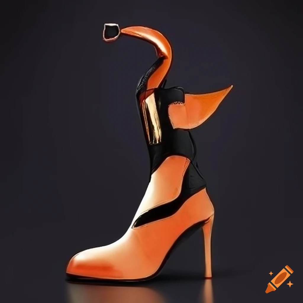 Surrealistic women's high heels boots in gold, black and orange on Craiyon