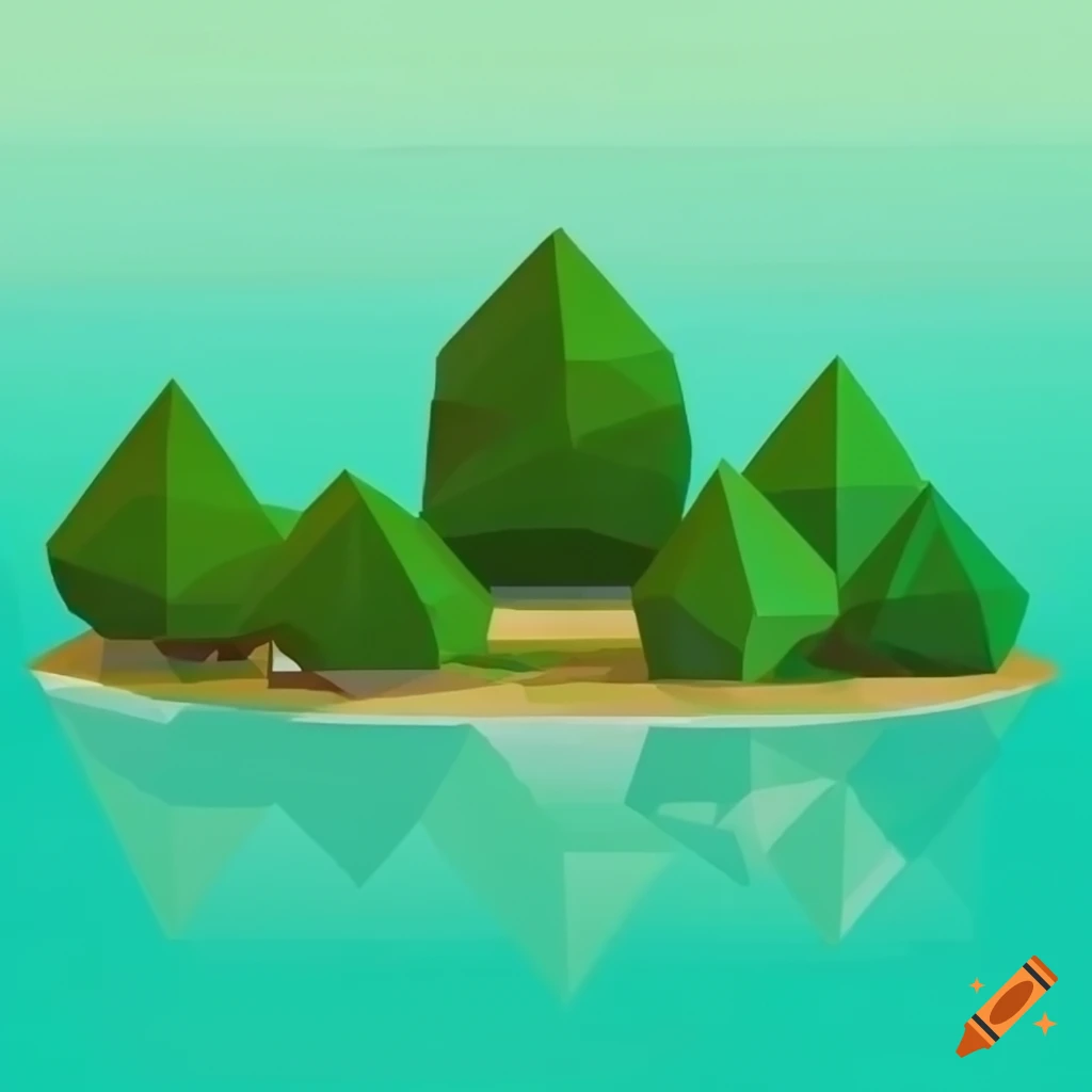 low poly green landscape with lake and trees