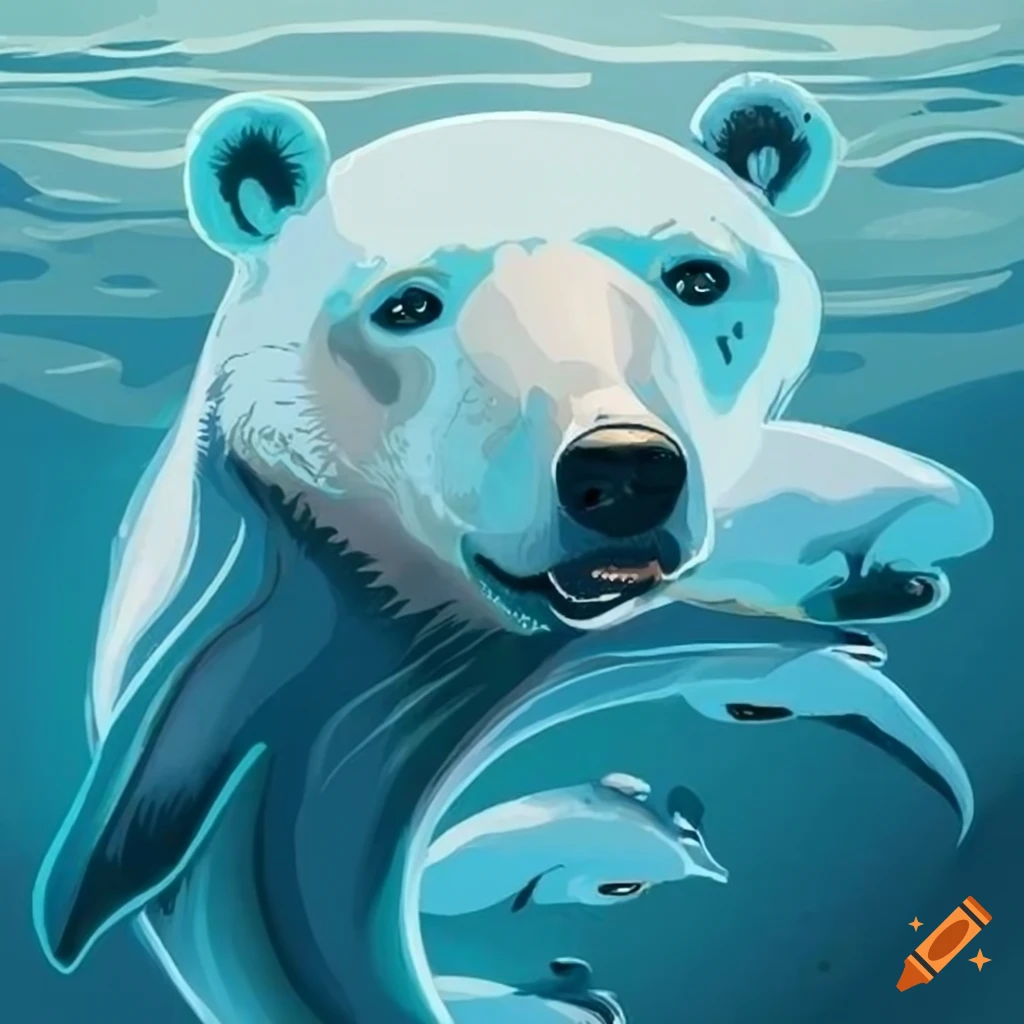sketch of a polar bear and dolphin hybrid in the ocean