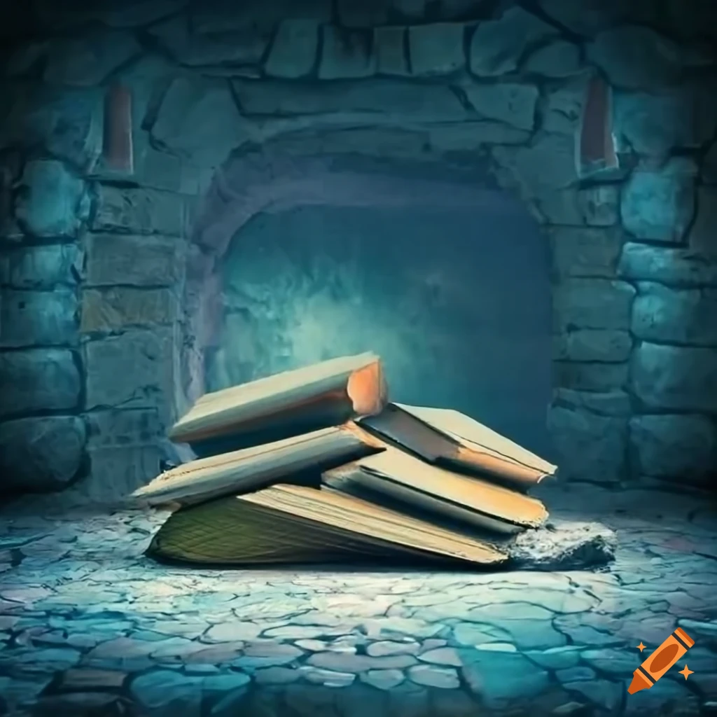 stacked books in a wet stone cellar