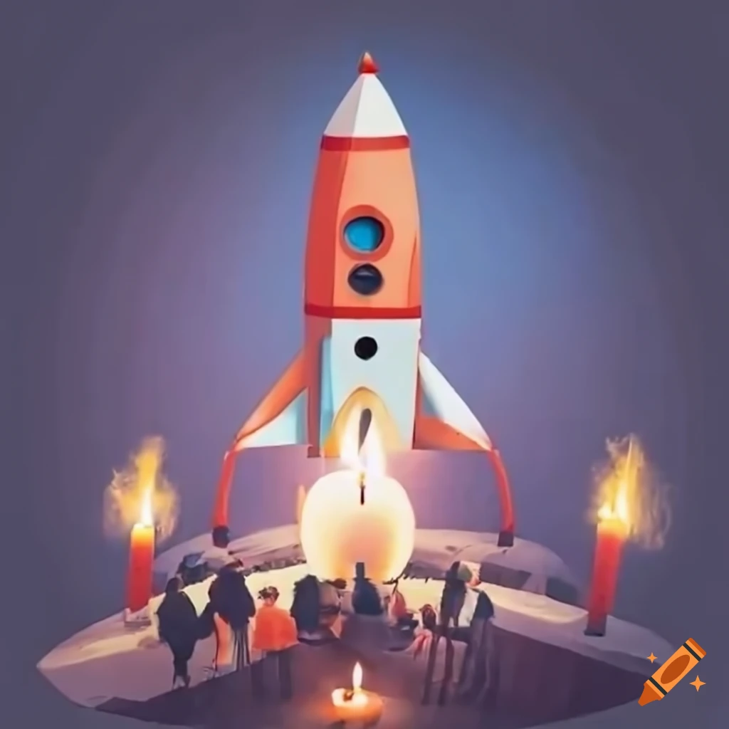 rocket on launchpad with people holding candles