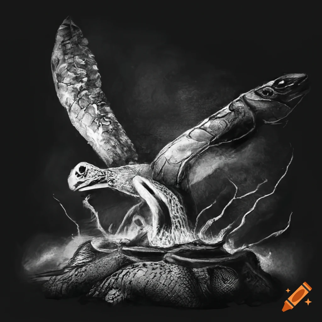 turtle flying over a campfire in a magical clearing