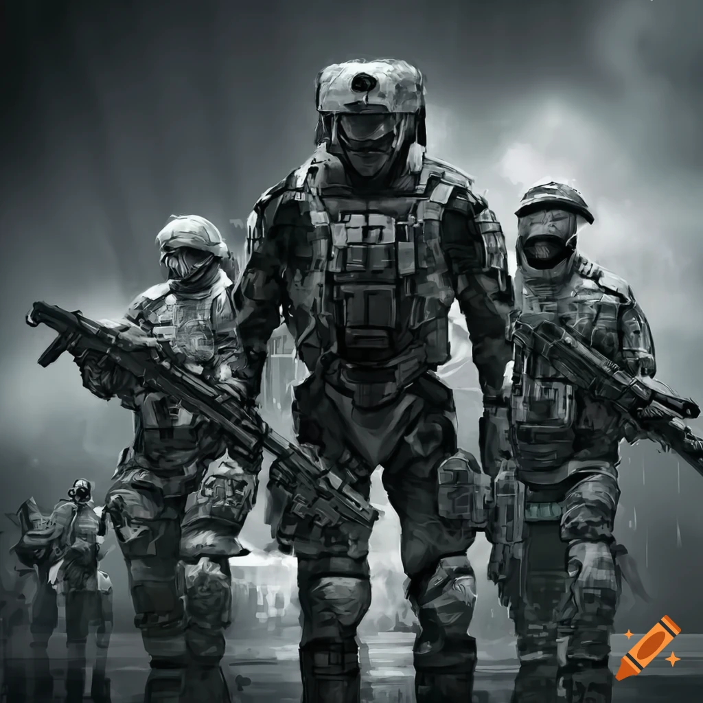black and white ultra-realistic depiction of futuristic soldiers in rain