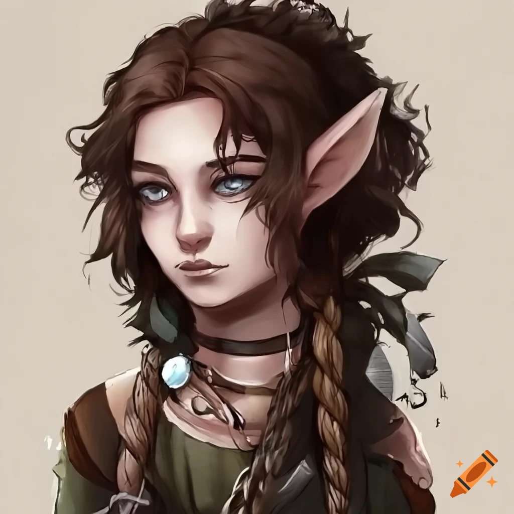 portrait of a halfling bard with wavy hair and freckles