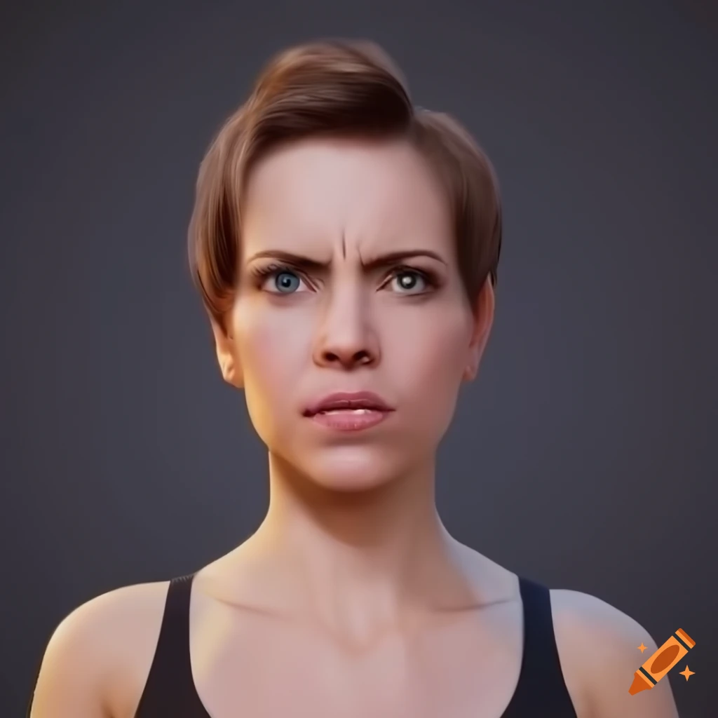 portrait of a young woman with short brown hair and turquoise eyes